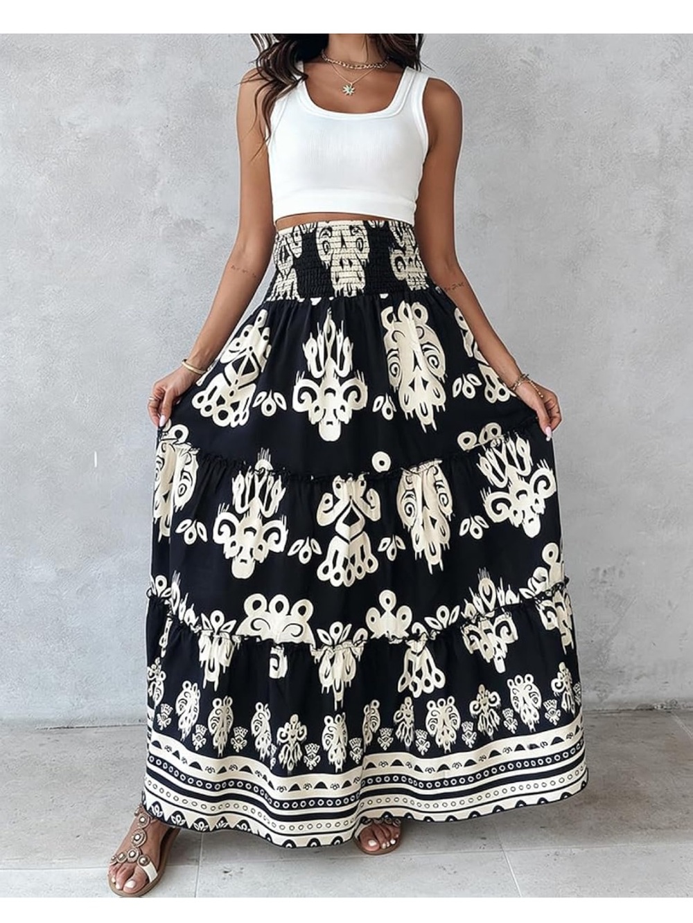 Boho Black & White Tiered Maxi Skirt